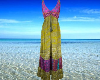 Womens Silk Maxi Dress, Flowy Dresses, KIWI Green Pink Beach Maxi Dress, Strapdress, Recycle Silk Handmade Dresses ML