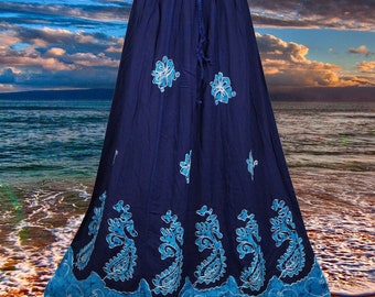 Blue Floral Renaissance Maxi Skirt, Hand Embroidered Batik Print Boho Skirts Handmade, Hippe, Midi Skirts S/M/L