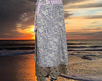 Womens Sari wrap skirt, Blue Gray Paisley Print Double Layers Wrap Skirts, Recycled Sari Wrap Skirt, Gift, Boho Fashion One size
