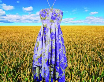 Womens Summer Travel Dresses, Blue Boho Beach Dress, Halter Dresses, Printed Recycled Silk Dress, S/M