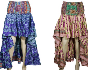 Womens 2pc Hi Low Skirt Recycled Vintage Sari Gypsy Fashion Long Ruffle Flirty Flare Summer Skirts S/M