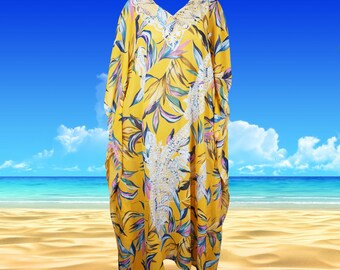 Womens Summer Sheer Caftan Dress, Cruise Maxi Dresses, Yellow White Embroidered Kaftan Dress, Travel Summer Beach Dresses L-4XL One size
