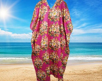 Womens Maxi Kaftan Dress, Resort Wear, Fuscia Pink, Floral Boho Cotton Caftan, Gift, Oversize Beach Resort Dresses, L-2XL