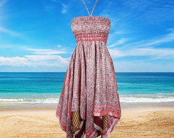 Womens Summer Boho Sundress, Halter Dresses, Pink Summer Dress, Printed Handkerchief Hem Upcycled Silk Sari Beach Halter Dress S/M