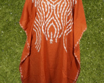 Marigold Orange Short Caftan Dress, cotton Embroidered Oversized Tunic Dresses, Floral Caftan Party Wear  Crepe Boho Kaftan, L-2X