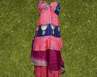 Womens Floral Beach Dress, Pink Blue Layered Spaghetti Strap Beach Dress, Boho chic Recycled Sari Printed Sundress SM