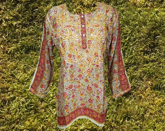 Womens Tunic Top, Silk Shirt, Pink Gray Floral Printed Tunic, Handmade Silk Embroidered Tunic, Handmade Indian Tunic Kurti, Boho Blouse L