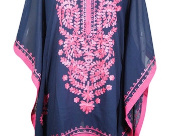 Womens Boho Kaftan, Dark Blue Pink Embroidery Caftan, Beach Cover up Maternity loose Dress Onesize
