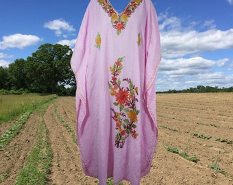 Women's Pink Kaftan Dress, Kimono Maxi Dress, Embroidered Handmade Loose fit dress, Oversized dress, Kimono Butterfly Dress L-2XL One size