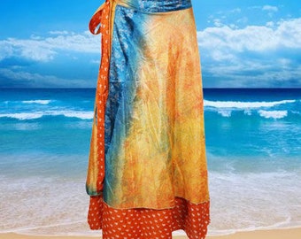 Womens Beach Long Wrap Skirt, 2 Layer Skirts, Orange Printed Sari Skirt, Beach Wear, Boho, Travel, Reversible Wrap Skirts One Size