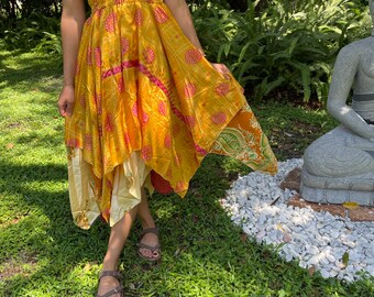 Womens Summer Travel Dresses, Boho Beach Dress, Halter Dresses, Printed Yellow Recycled Silk Dress, S/M