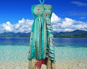 Women's Floral Halter Dress, Bohemian Teal Recycled Silk Printed Summer Travel Sundress S/M