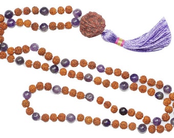 Amethyst Rudraksha Mala, Crown Chakra Mala beads, Stone tassel necklace, 108 Beads Mala, Yoga Meditation Necklace