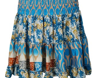 Gypsy Floral Boho Skirt Blue Flared Flowy High Waist Vintage Recycled Silk Sari Tiered Skirts