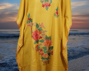 Women Sunkissed Yellow Kaftan Short dress, vacation, cruise, pool, Cotton lounge Wear Floral Caftan Party Wear Crepe Boho Kaftan, L-2X