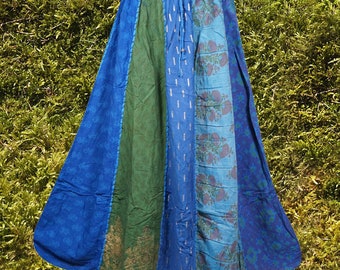 Womens Paneled Dori Long Skirt, Fall Festive Blue Floral, Patchwork maxi Skirts   , Handmade, Hippe, Midi Skirts S/M/L