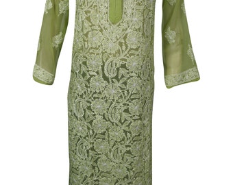 Playful Summer Fun Boho Festive Floral Silk Embroidered long Tunic Bikini Beach Cover Caftan Green Sheer Sexy Long Dress S/M