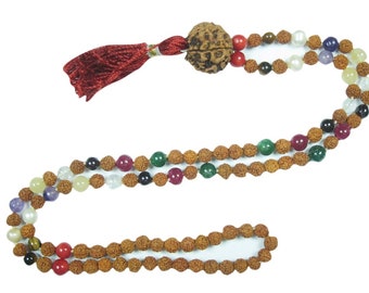 Healing Mala Beads Nine Planets Navratna, Chakra Healing Mala, Healing Mala Beads, Rudraksha Necklace Bohemian Jewelry