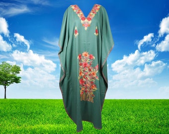 Womens Caftan Dress, Handmade Green Floral Embroidered Kimono Dress Summer Cover Up Abaya Loose Stylish Maxi Kaftan Dresses One size ,L-3XL