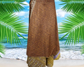 Women Long Wrap Skirt, Beach Coverup Sarong, Silk Sari Wrap Skirts, Brown Floral Printed, 2 Layer Reversible Magic Skirts One Size
