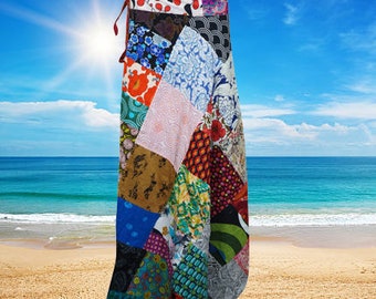 Bohemian Wrap Around Skirt in Mixed Green Floral Patchwork, Long Length Hippie Skirts, Boho Beach Wrap Skirt One Size