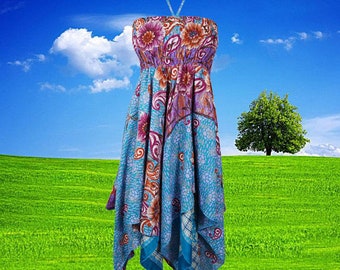 Womens Printed Blue Recycled Silk Dress, Boho Beach Dress, Halter Dresses, Summer Travel Dresses S/M
