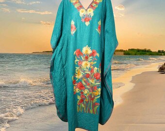 Women's Kaftan Maxi Dress, Teal Blue Beach Holidays Caftan, Lounger, Cotton Embroidered Caftans, Handmade Gift One size L-2XL One Size