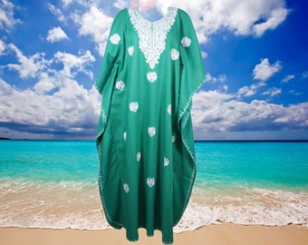 Women's Kaftan Maxi Dress, Green Beach Maxi holidays Dresses, Lounger, Cotton Embroidered Handmade Caftans, Oversize L-2XL One Size