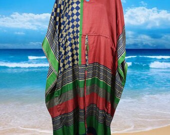 Boho Beach Kaftan, Red, Green Check Caftan, Silk Kaftan, Housedress, Beach Coverup, Summer Boho Caftan, Resort, Cruise Caftan L-2X