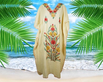 Womens Kaftan Maxi Dress, Loose Beach Maxi Dress, Yellow Floral Embroidered Dresses, Resort Wear Caftan, Cotton Kaftan Dress One size L-2XL