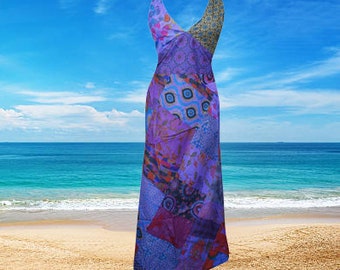 Women Hippie Maxi Dresses, Halter dress, V-Neck Cotton Purple Patchwork Sexy Halter Dress, Beach Summer Dresses SM
