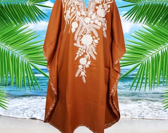 Womens Kaftan Mid Calf Dresses, Russet Orange Floral Embroidered Caftan Dress, Summer Boho Loose Kaftan Dresses One size L-4XL