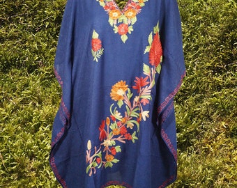 Embroidered Short Kaftan Dress, Navy Blue Caftan For Women, gift For Her Short Dress Floral Caftan Party Wear Crepe Boho Kaftan, L-2X