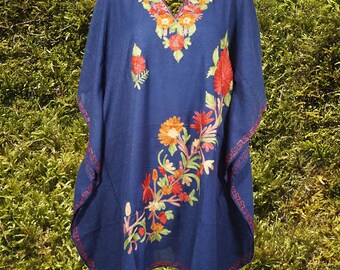 Embroidered Short Kaftan Dress, Navy Blue Caftan For Women, gift For Her Short Dress Floral Caftan Party Wear Crepe Boho Kaftan, L-2X