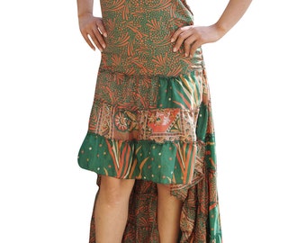 Boho Maxi Dress, Strapless dresses, Recycled Sari dress, Green Printed Flowy Coachella Dresses Bohemian Fashion ML