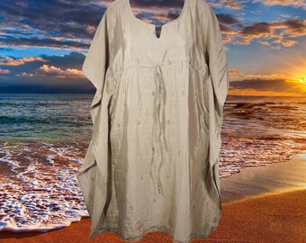 Women Maxi Kaftan, Flowy Dresses, Recycle Silk Beach Cover Up, Caftan Dress, Beige Floral Resort Wear, Caftan Dresses L-S/M/L One Size