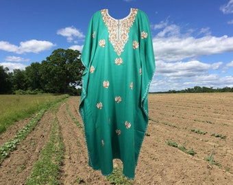 Women's Kaftan Maxi Dress, Green Beach holidays, Lounger, Cotton Embroidered Handmade Caftans, Oversize L-2XL One Size