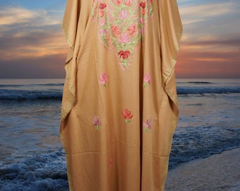 Women's Kaftan Maxi Dress, GIFT, Peach Boho Maxi Dress, Lounger, Cotton Floral Embroidered Caftans, Plus size L-4XL One Size