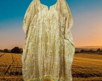 Womens Summer Kaftan Dress, Recycled Silk Daisy Yellow Gray Floral Print, Kimono Beach Cover Up, Loose Dresses SML