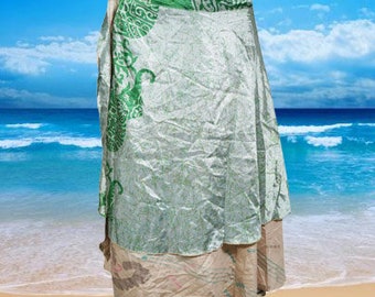 Women Short Summer Wrap Skirt, Double Layer Silk Skirt, Green Printed Wrap around Skirt, Magic Wrap Skirt One size