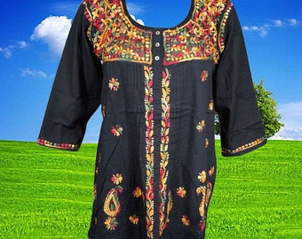 Womens Black Cotton Tunic, Hand Embroidery Cotton Tunic, Handmade Blouse, Tunic Top dress, Bohemian Clothing, Shirt