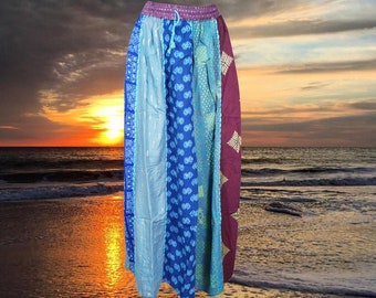 Womens Maxi Patchwork Skirt, Blue Hippie Patchwork Skirts, Boho Skirt, Upcycled Skirt, Handmade, Vintage Style, Long Skirt S/M/L