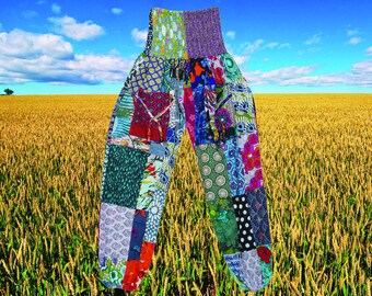 Womans Patchwork Harem Pants, Colorful Yoga Pants, Cotton Lounge Pants, Hippie Smocked Waist, Patchwork Baggy Pants S/M
