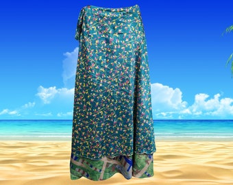 Womens Long Wrap Skirt, Teal Blue Floral Beach Cover Up, Boho Two Layer Silk Sari, Magic Wrap Around Skirts One size