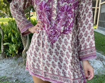 Womens Silk Tunic, Handmade Purple Paisley Print Tunic Top, Gift, Kurta Shirt, Embroidered Soft Blouse, Hippie Fashion, Bohemian Clothing XS