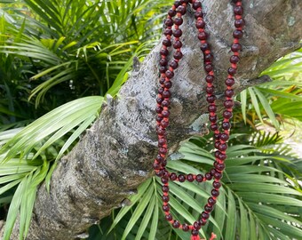 Red Rosewood Ganesha Japamala Malabeads Meditation Yoga 108+1 beads, Handmade Knotted Malas