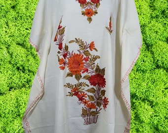 Kaftan For Womens, White  Short Dress, Valentine Gift For Her, Cotton Embroidered Dresses Floral Caftan Party Wear Crepe Boho Kaftan, L-2X