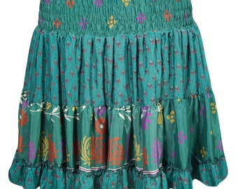 Boho Gypsy Hippie Flare High Waist Skirt Vintage Recycled Silk Sari Beautiful Green Tiered Skirts