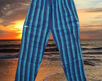 Boho Chic Cotton Pants, Blue Stripe Stonewashed Unisex Yoga Pant Elastic Waist Comfy Pants With Pockets S/M