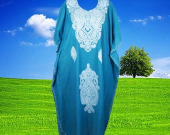 Women's Kaftan Maxi Dress, Blue Boho Fall Maxi Dress, Beach Holidays, Lounger, Cotton Oversize Embroidered Lounge Caftans L-2XL One Size